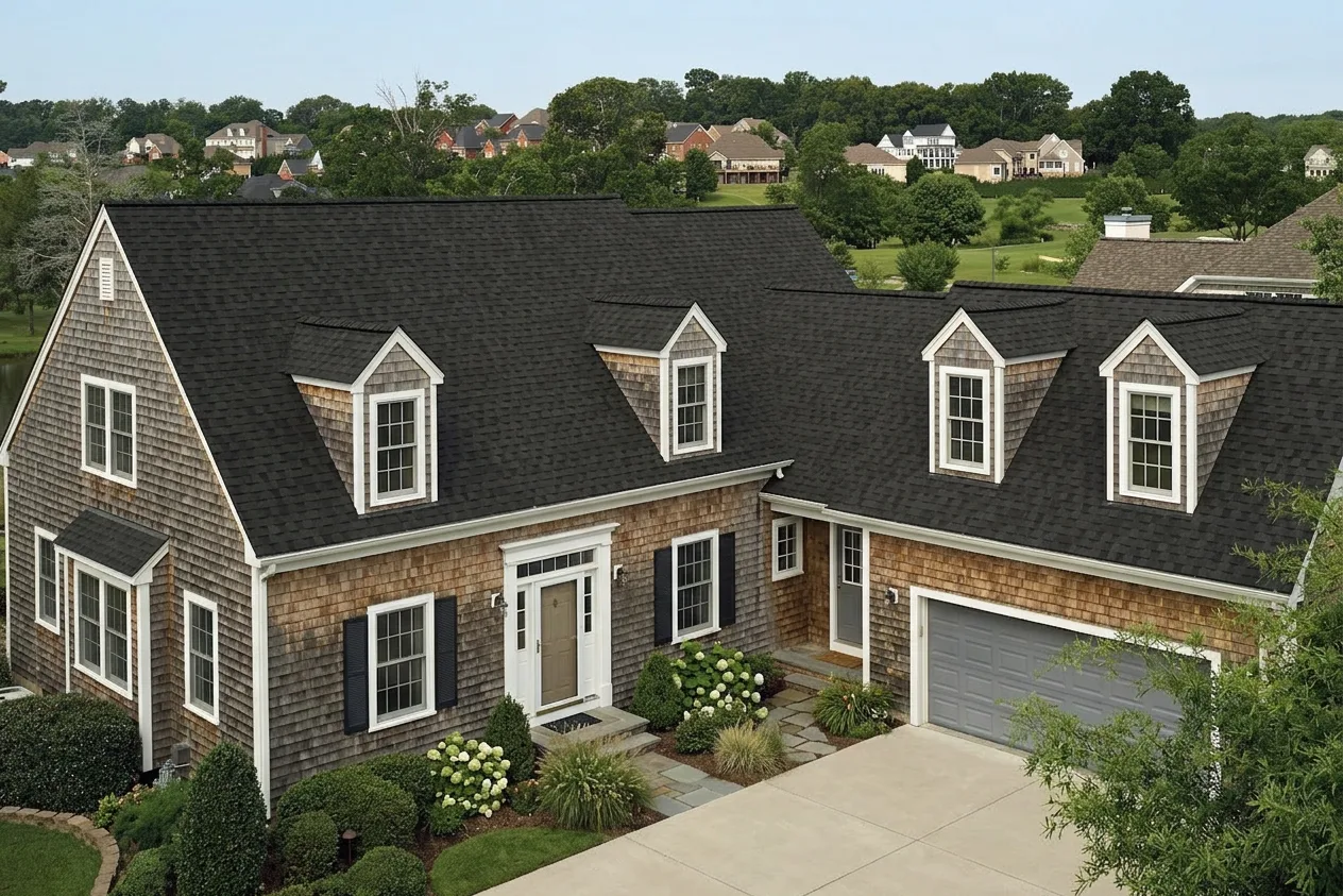 Cape Cod home with Brown roof -- CertainTeed Landmark Pro Max Def Black Walnut (right-34)