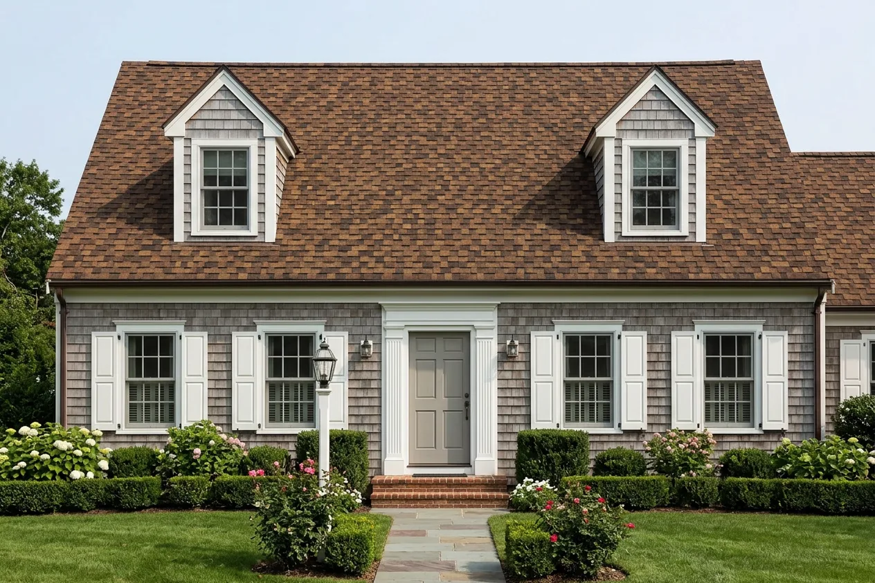 Cape Cod home with Brown roof -- CertainTeed Presidential Shake Aged Bark (front)