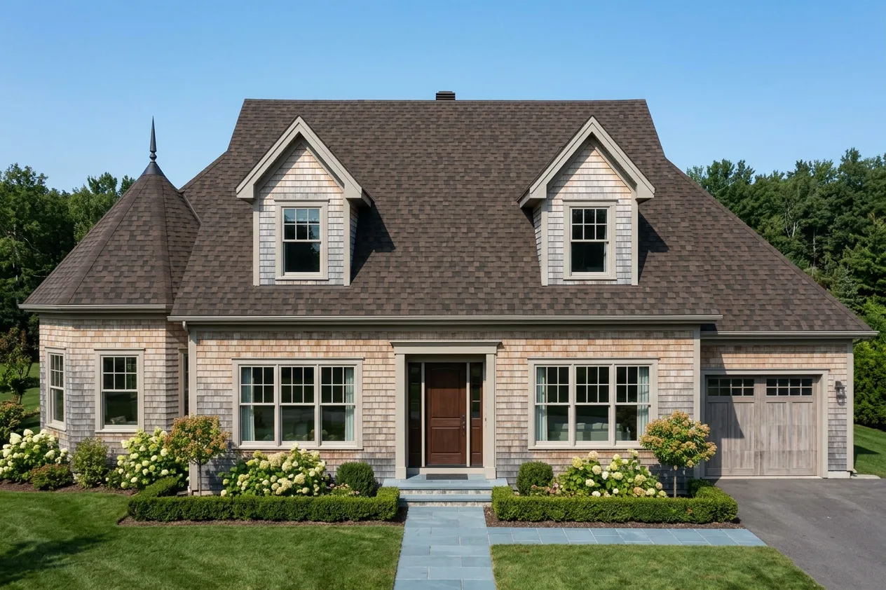 Cape Cod home with Brown roof -- IKO Dynasty Shadow Brown (front)