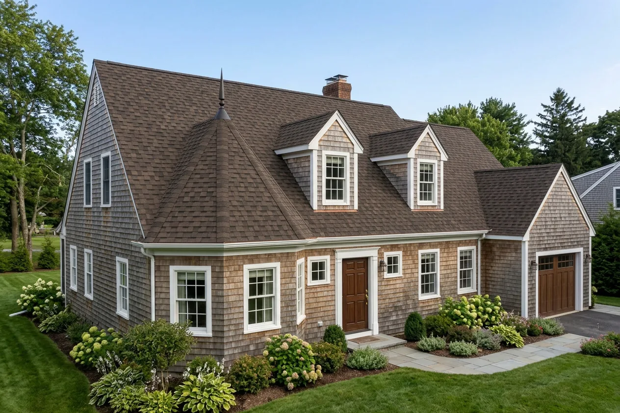 Cape Cod home with Brown roof -- IKO Dynasty Shadow Brown (left-34)