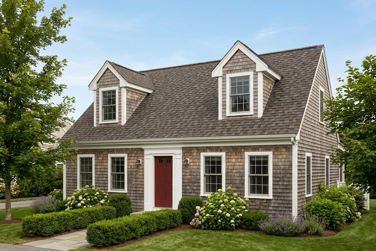 Cape Cod home with Weathered Wood roof -- CertainTeed Landmark Pro Max Def Driftwood (right-34)