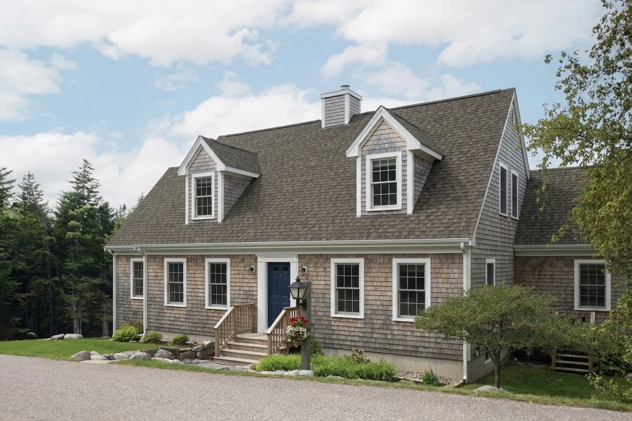 Cape Cod home with Weathered Wood roof -- IKO Dynasty Driftshake (left-34)
