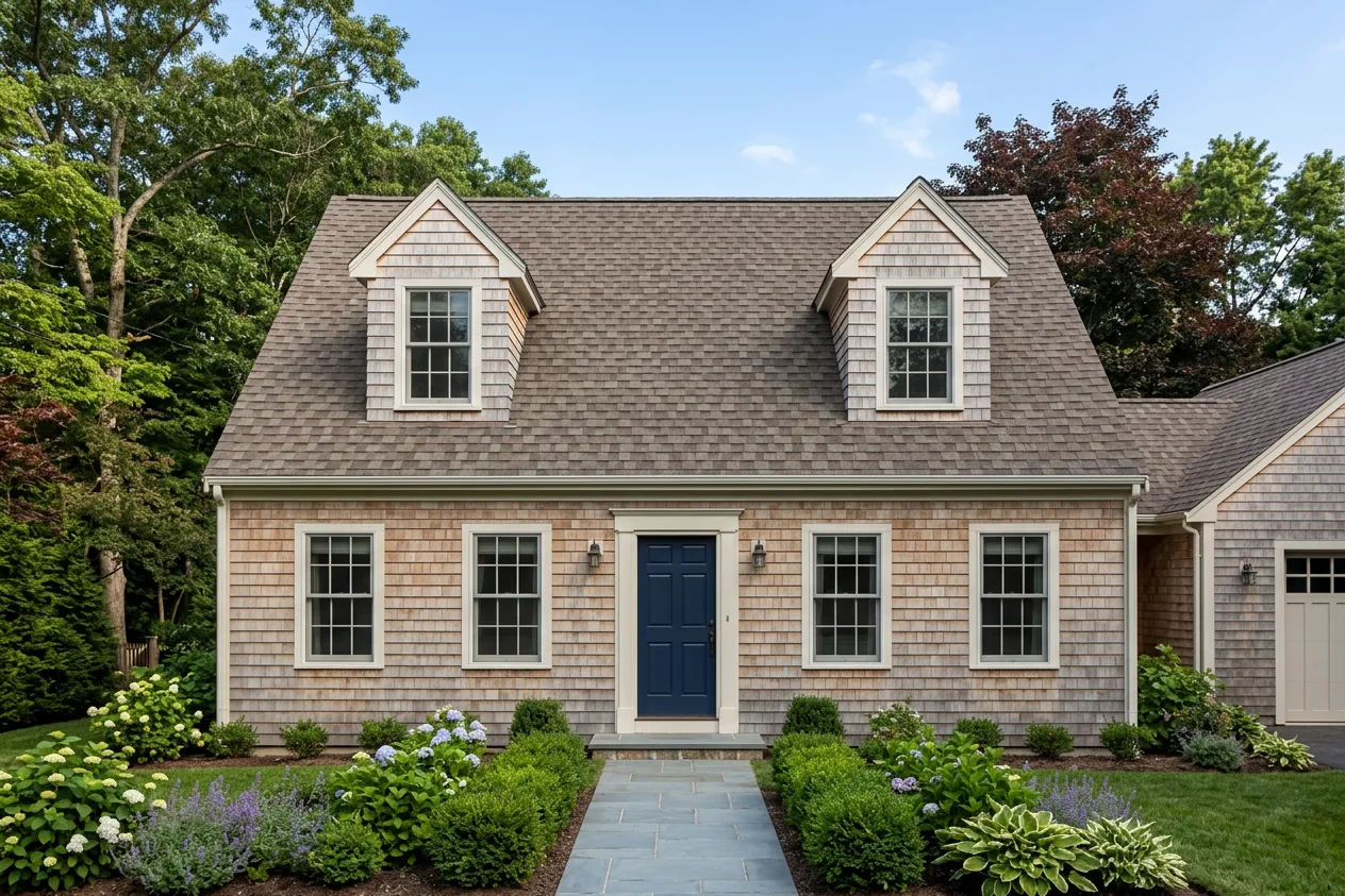 Cape Cod home with Weathered Wood roof -- Malarkey Legacy Natural Wood (front)