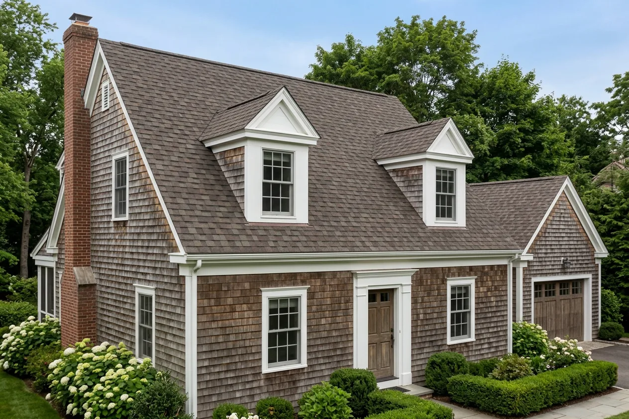 Cape Cod home with Weathered Wood roof -- Malarkey Legacy Natural Wood (left-34)