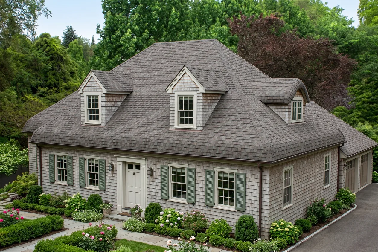 Cape Cod home with Weathered Wood roof -- Malarkey Legacy Natural Wood (right-34)