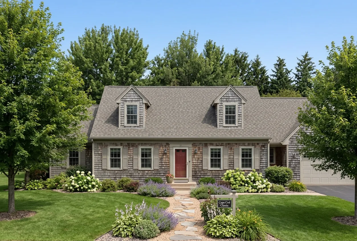 Cape Cod home with Weathered Wood roof -- Malarkey Vista Weathered Wood (front)