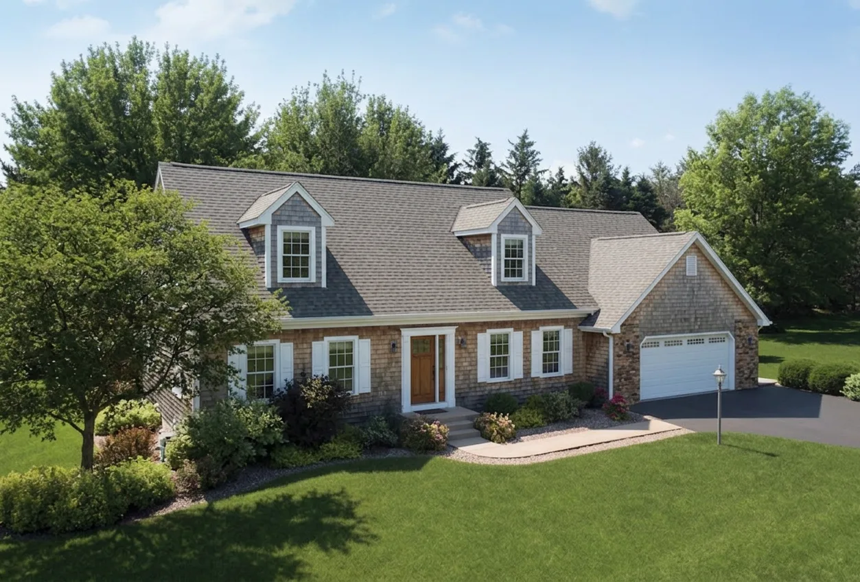 Cape Cod home with Weathered Wood roof -- Malarkey Vista Weathered Wood (left-34)
