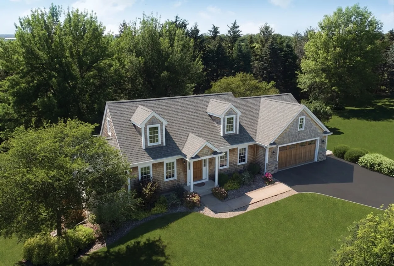 Cape Cod home with Weathered Wood roof -- Malarkey Vista Weathered Wood (right-34)