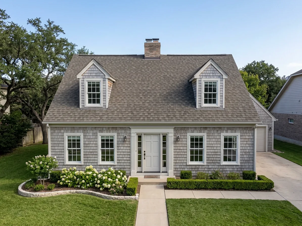 Cape Cod home with Weathered Wood roof -- Owens Corning Oakridge Driftwood (front)
