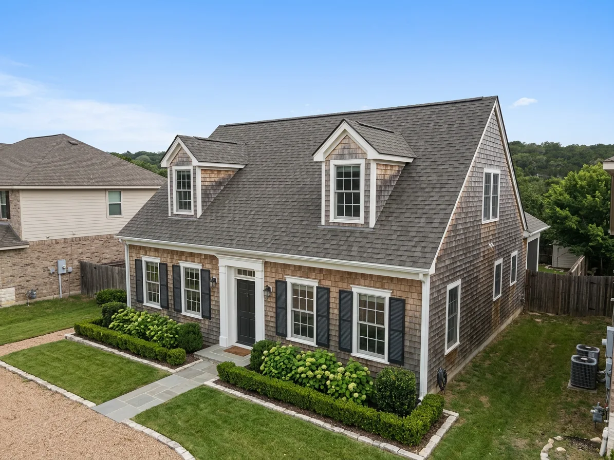 Cape Cod home with Weathered Wood roof -- Owens Corning Oakridge Driftwood (right-34)