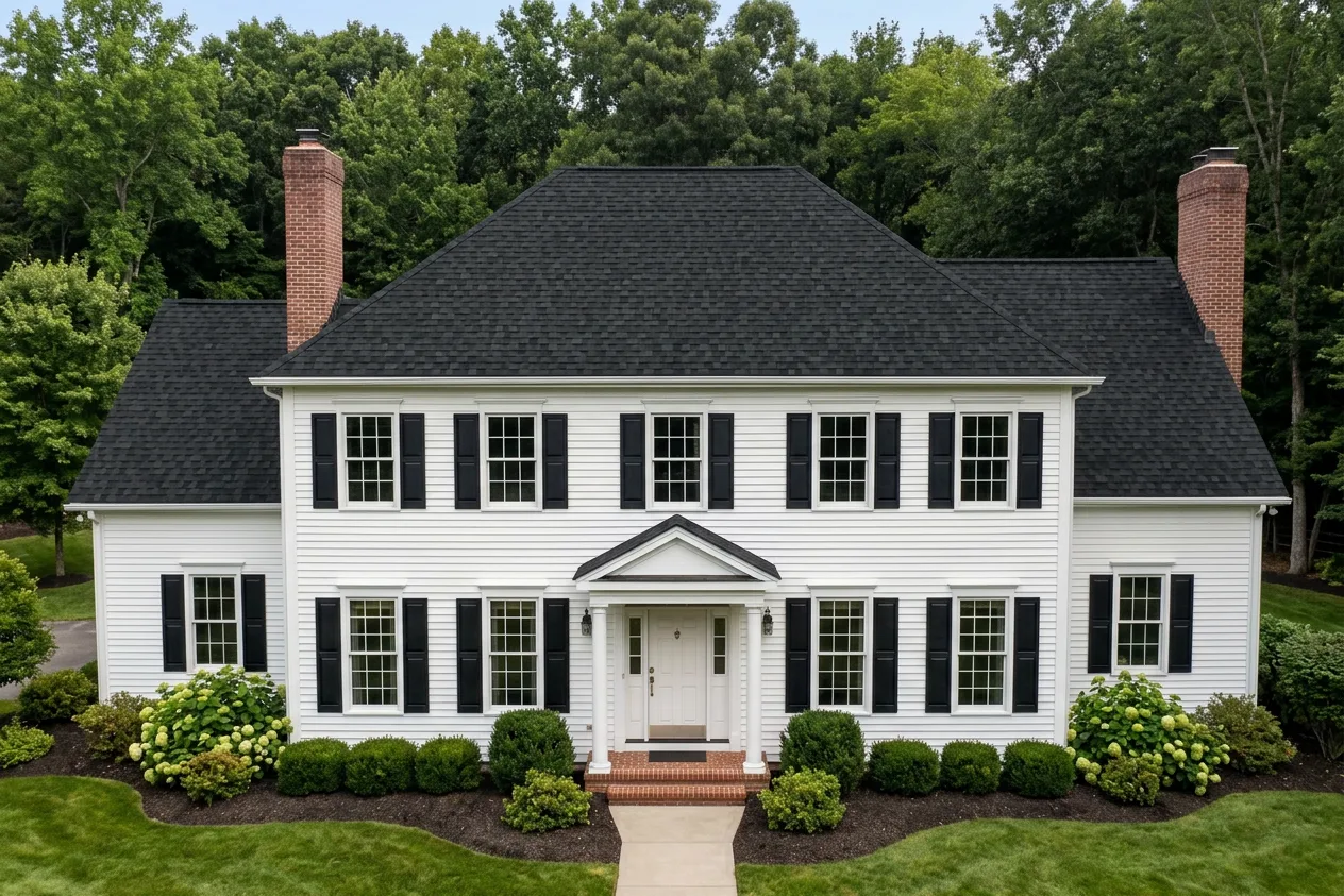 Colonial home with Black roof -- IKO Dynasty Granite Black (front)