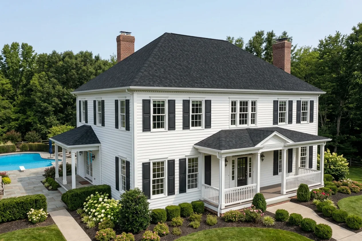 Colonial home with Black roof -- IKO Dynasty Granite Black (left-34)