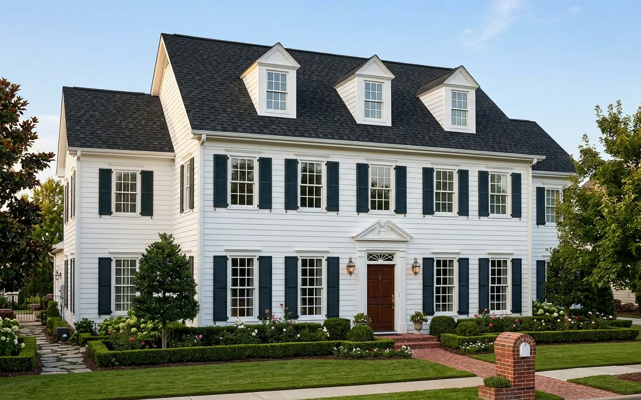 Colonial home with Black roof -- Owens Corning Duration Onyx Black (left-34)