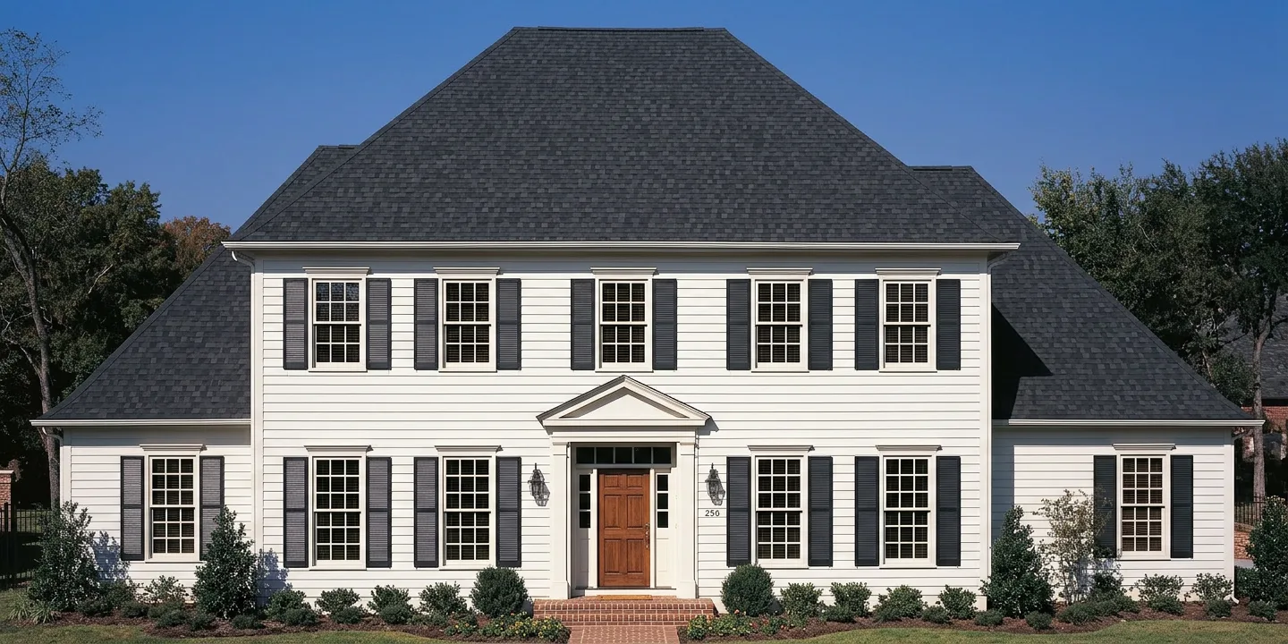 Colonial home with Black roof -- TAMKO Heritage Rustic Black (front)