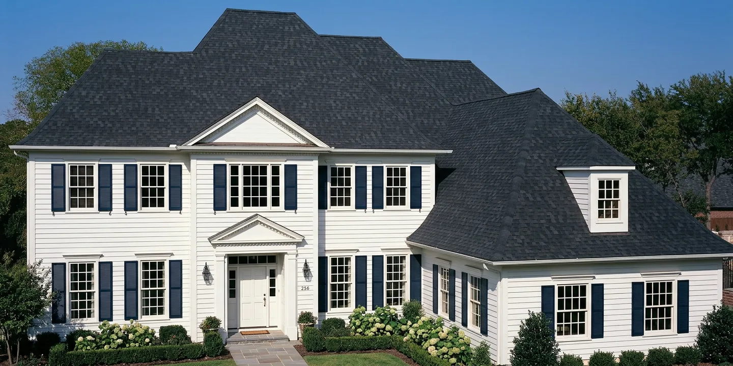 Colonial home with Black roof -- TAMKO Heritage Rustic Black (right-34)