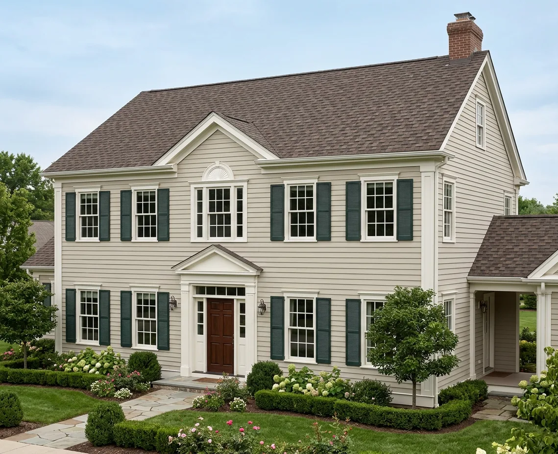 Colonial home with Brown roof -- Atlas Pinnacle Pristine WEATHERED SHADOW (right-34)
