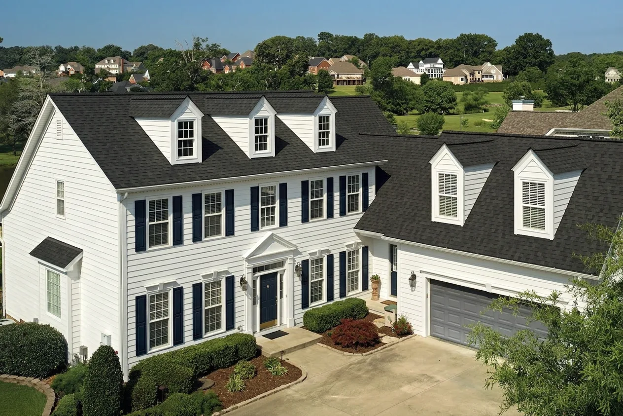 Colonial home with Brown roof -- CertainTeed Landmark Pro Max Def Black Walnut (left-34)