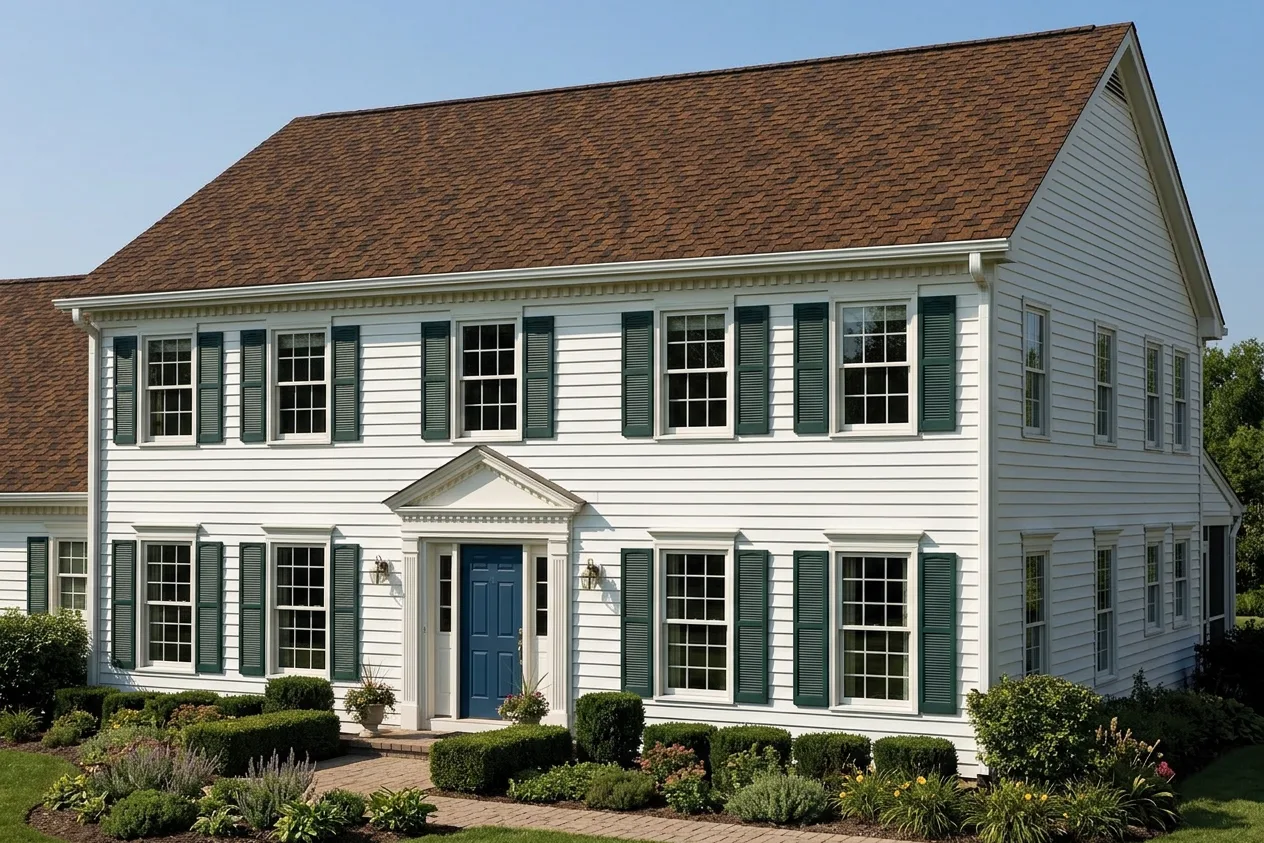 Colonial home with Brown roof -- CertainTeed Presidential Shake Aged Bark (right-34)