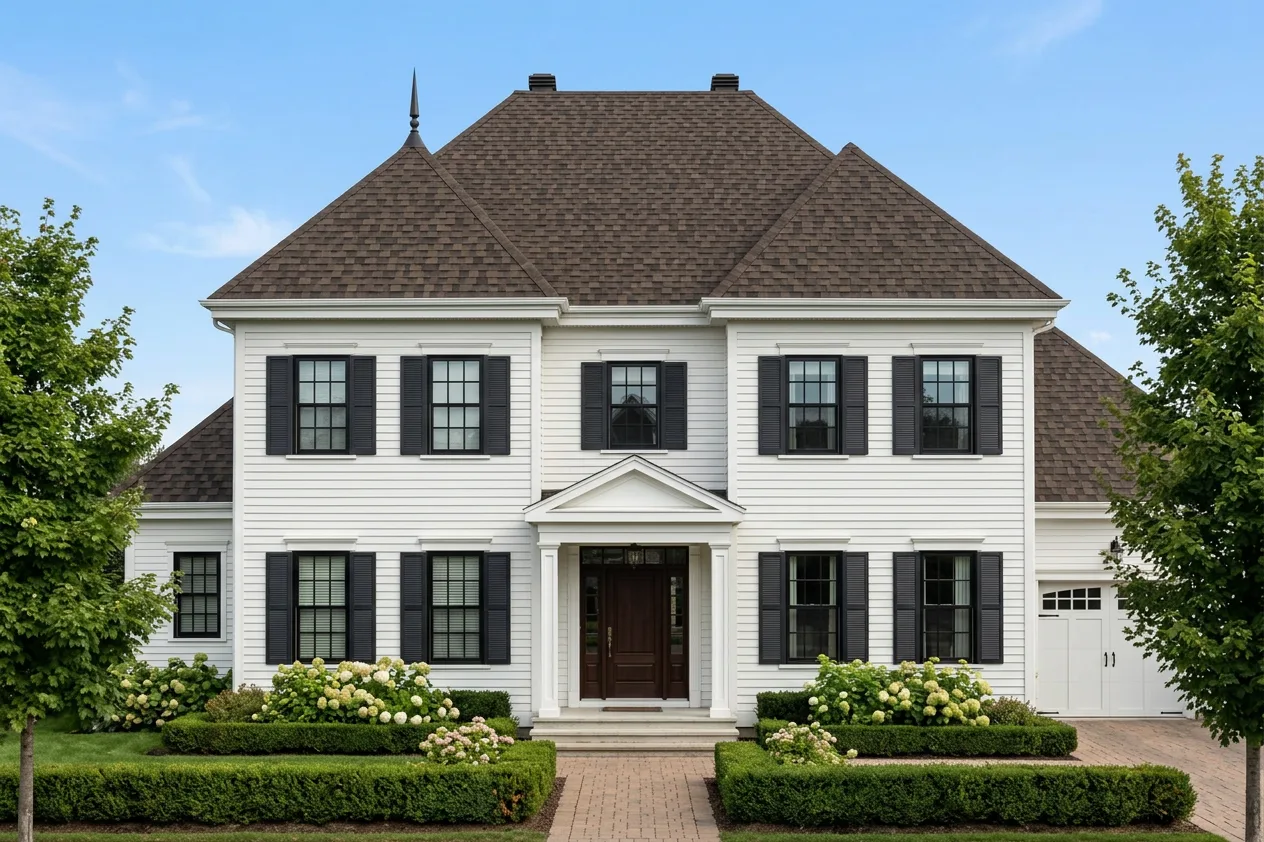 Colonial home with Brown roof -- IKO Dynasty Shadow Brown (front)