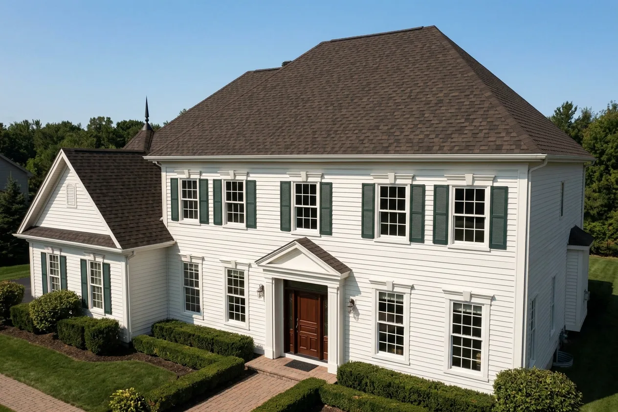 Colonial home with Brown roof -- IKO Dynasty Shadow Brown (right-34)