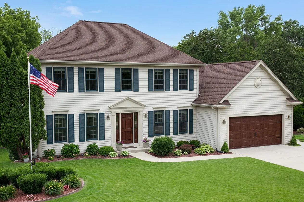 Colonial home with Brown roof -- Malarkey Vista Antique Brown (left-34)