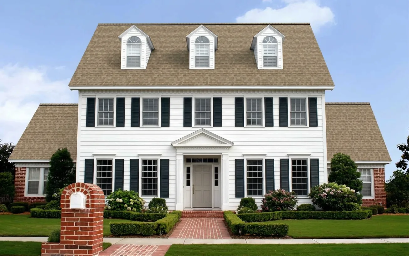 Colonial home with Brown roof -- Owens Corning Duration Sand Castle (front)