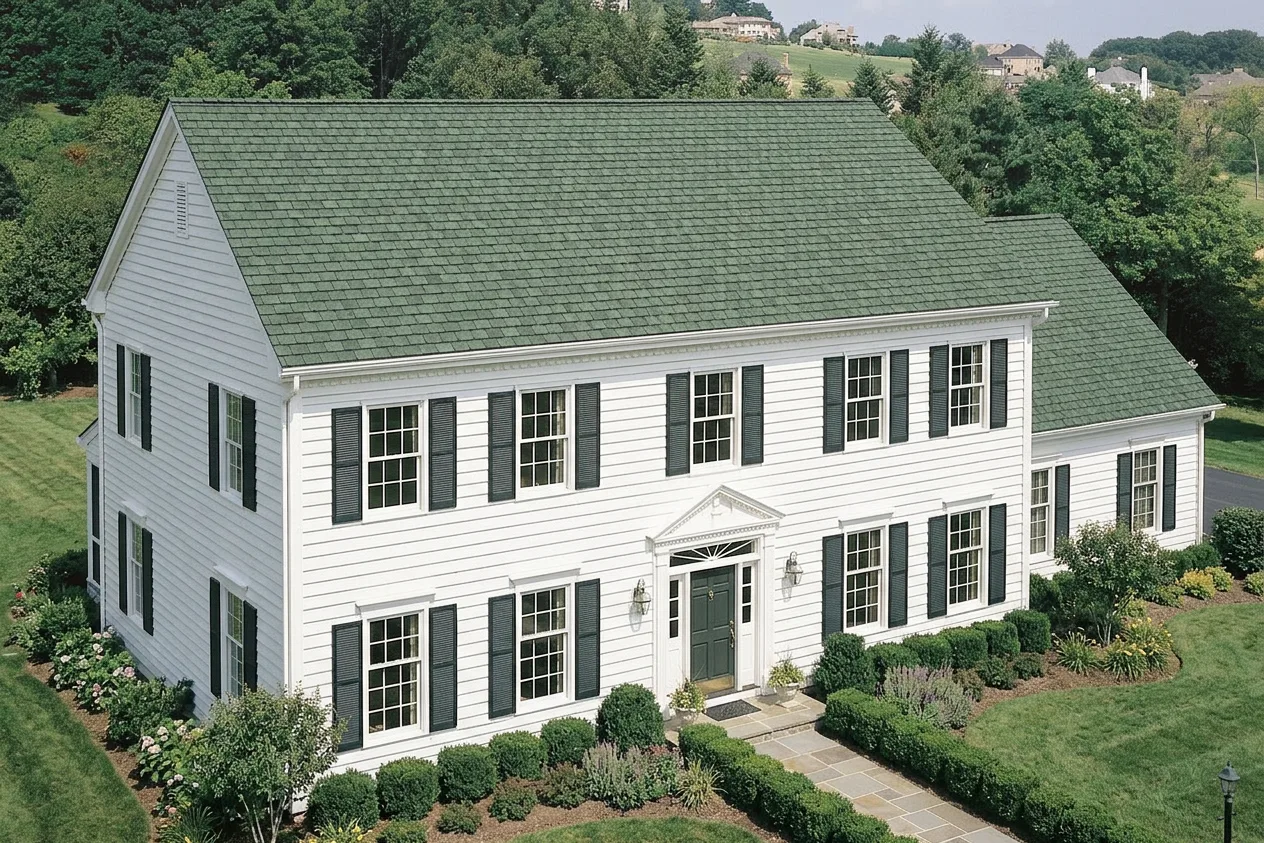 Colonial home with Charcoal roof -- CertainTeed Grand Manor Sherwood Forest (left-34)