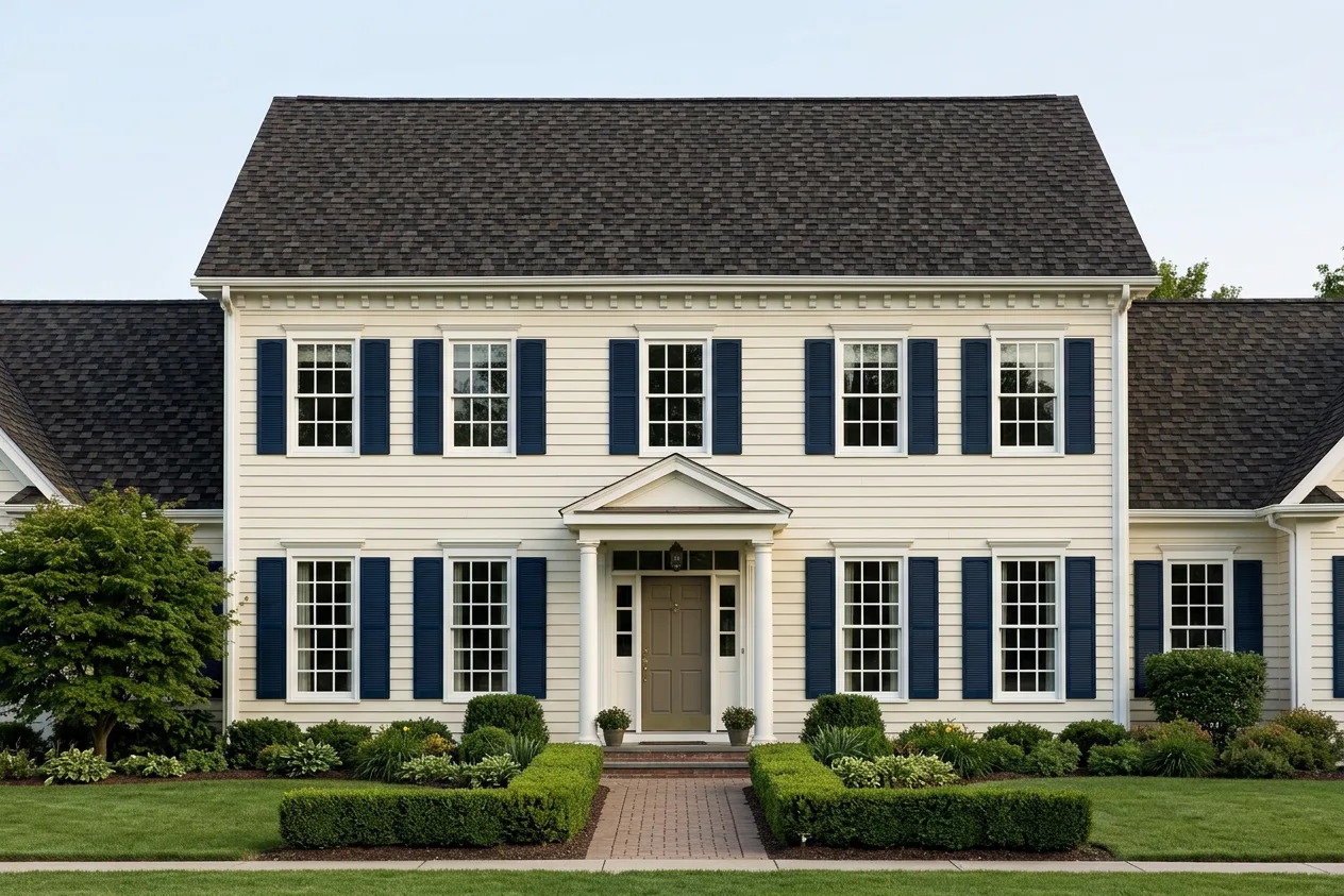 Colonial home with Weathered Wood roof -- CertainTeed Landmark Pro Max Def Driftwood (front)