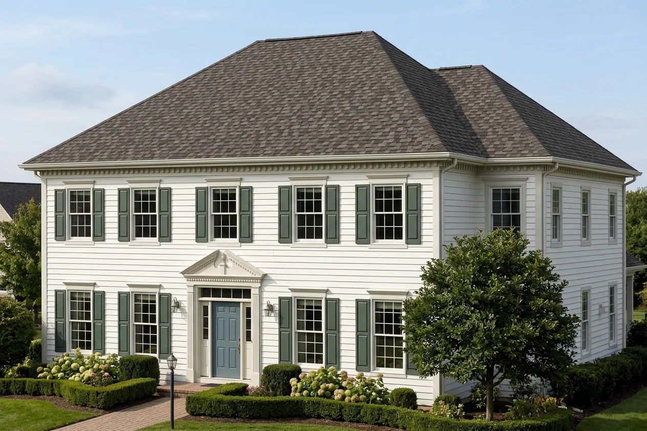 Colonial home with Weathered Wood roof -- CertainTeed Landmark Pro Max Def Driftwood (right-34)