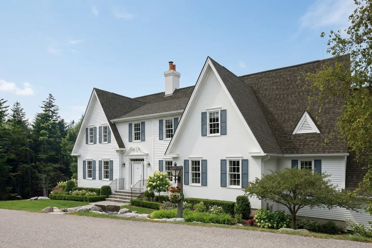 Colonial home with Weathered Wood roof -- IKO Dynasty Driftshake (left-34)