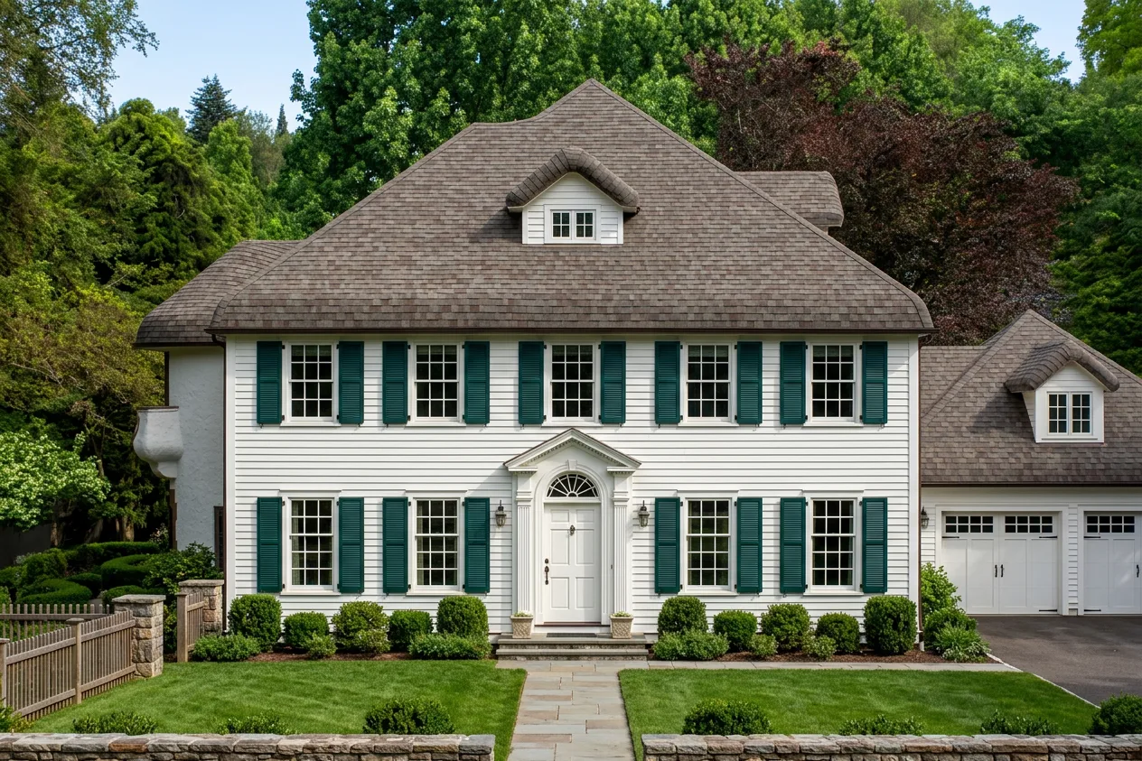 Colonial home with Weathered Wood roof -- Malarkey Legacy Natural Wood (front)