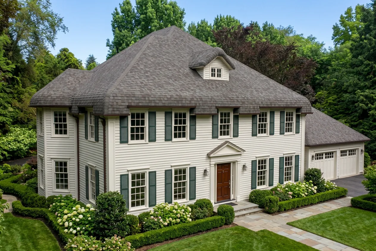 Colonial home with Weathered Wood roof -- Malarkey Legacy Natural Wood (left-34)