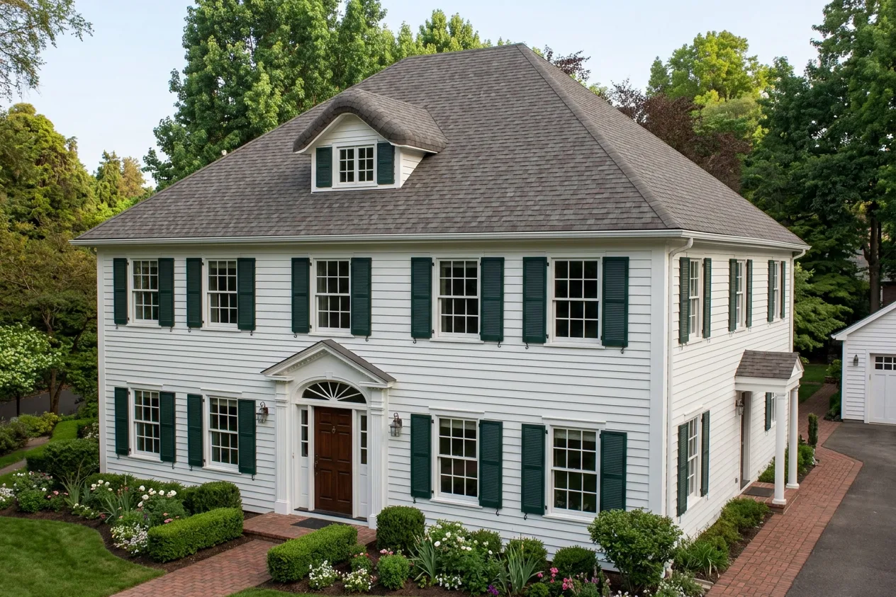 Colonial home with Weathered Wood roof -- Malarkey Legacy Natural Wood (right-34)