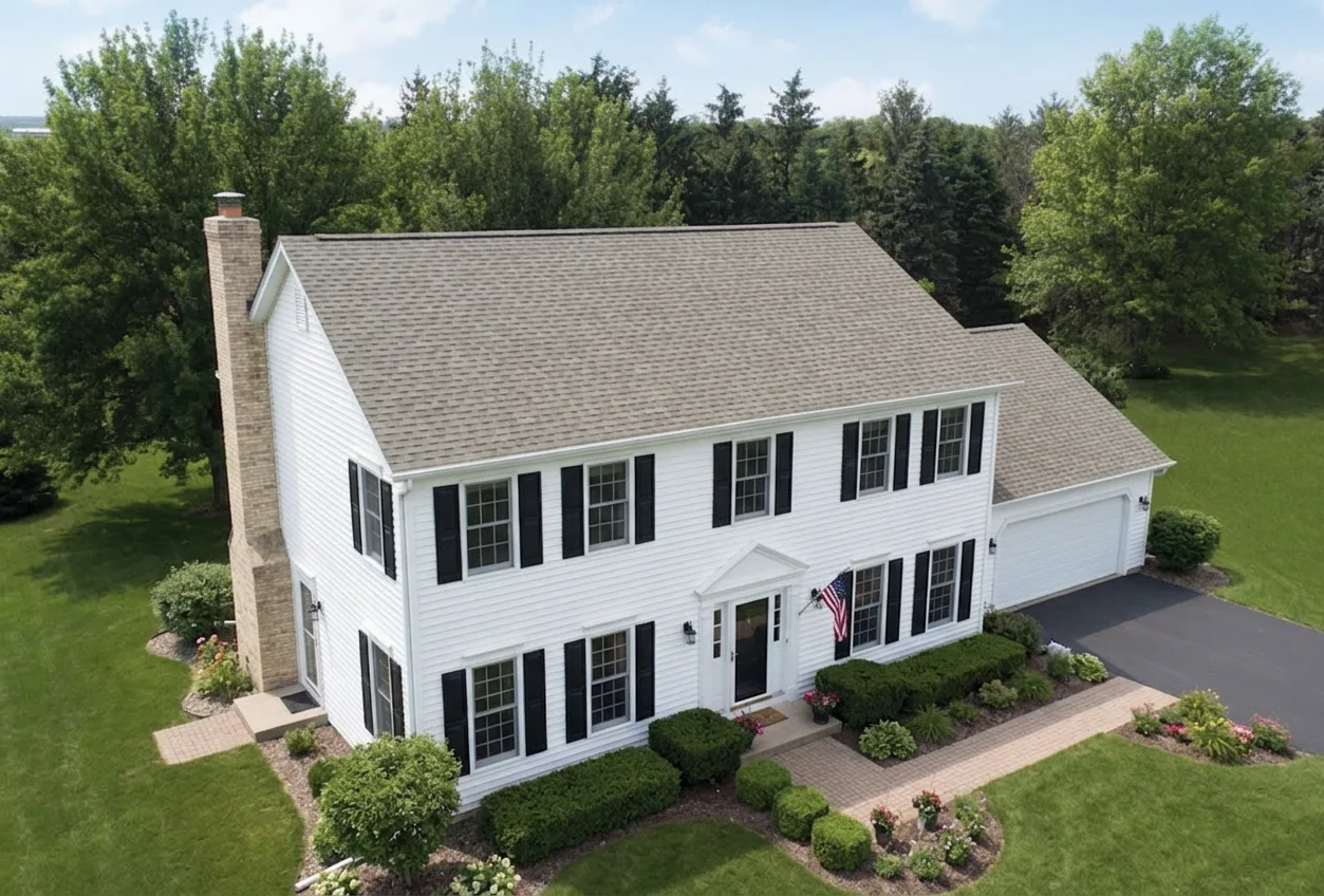 Colonial home with Weathered Wood roof -- Malarkey Vista Weathered Wood (left-34)