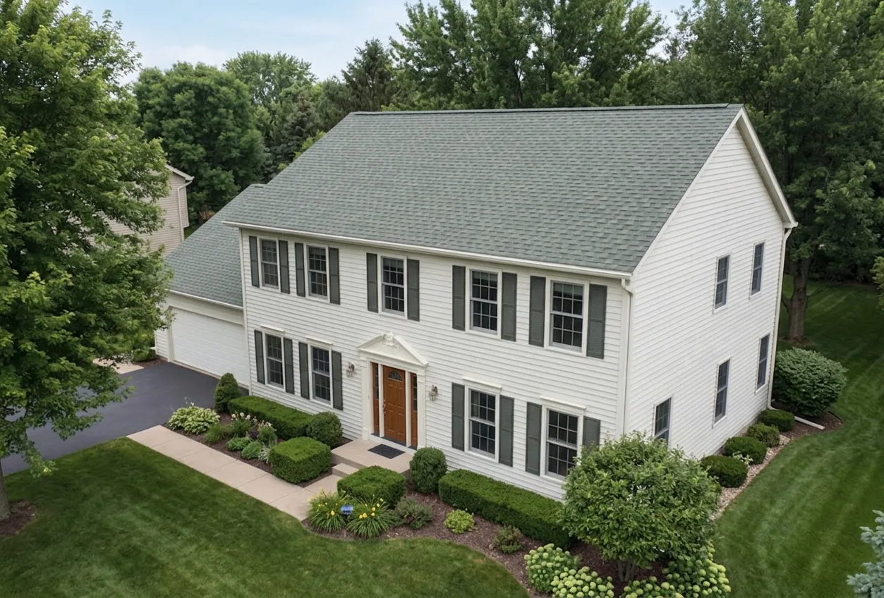 Colonial home with Weathered Wood roof -- Malarkey Vista Weathered Wood (right-34)