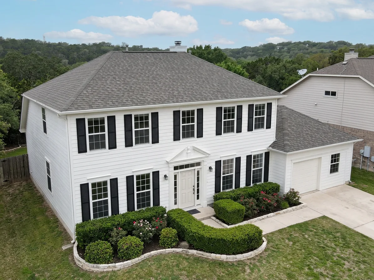 Colonial home with Weathered Wood roof -- Owens Corning Oakridge Driftwood (left-34)