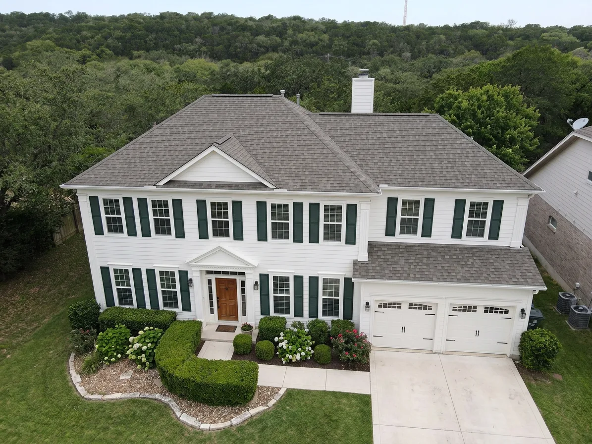 Colonial home with Weathered Wood roof -- Owens Corning Oakridge Driftwood (right-34)