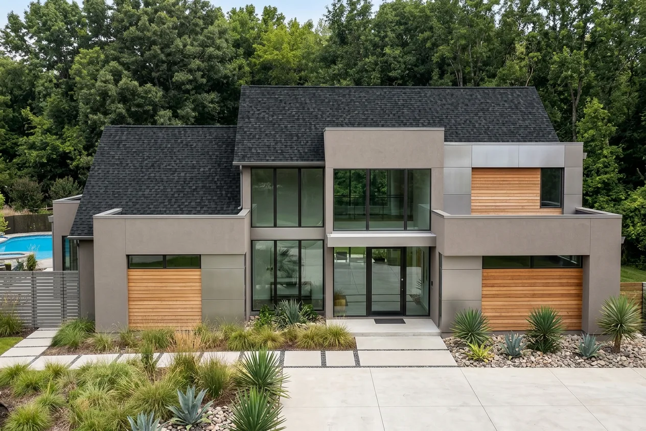 Contemporary home with Black roof -- IKO Dynasty Granite Black (front)