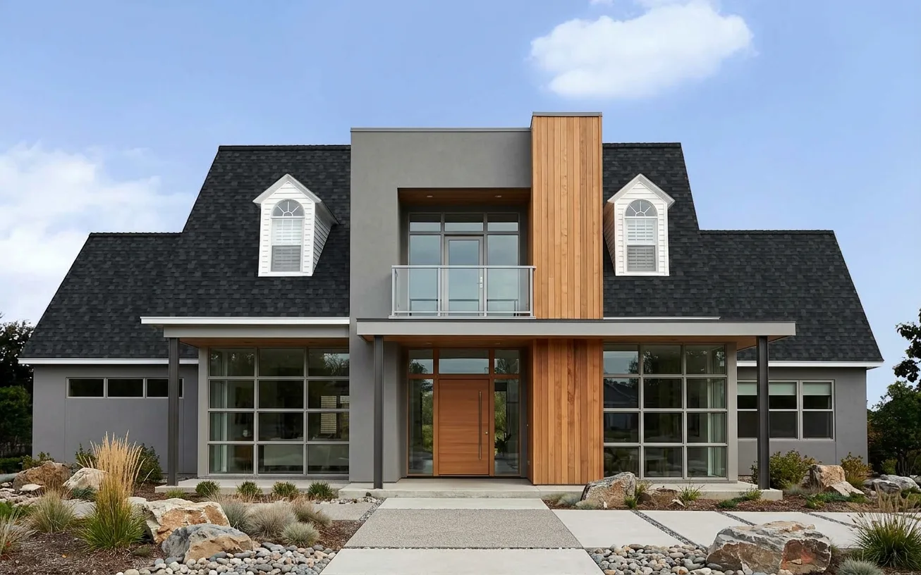 Contemporary home with Black roof -- Owens Corning Duration Onyx Black (front)