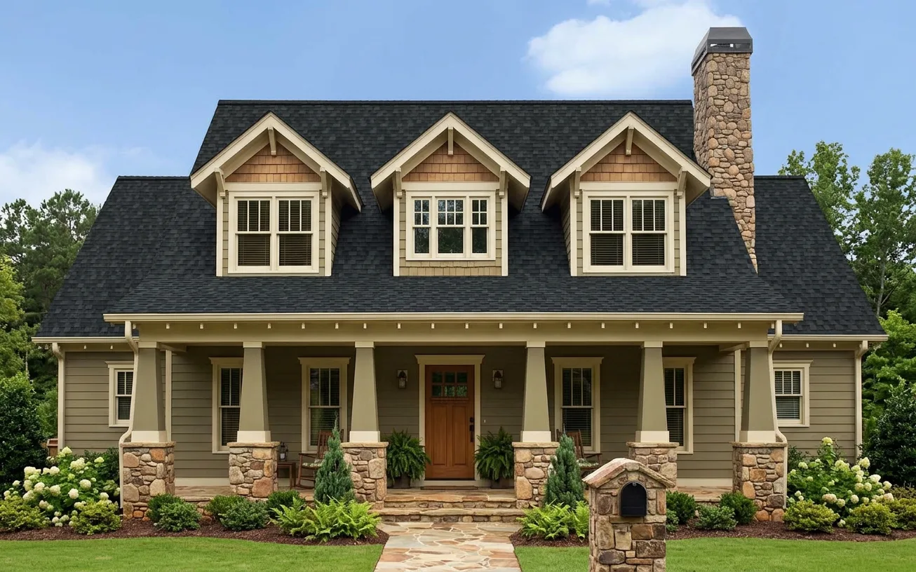 Craftsman home with Black roof -- Owens Corning Duration Onyx Black (front)