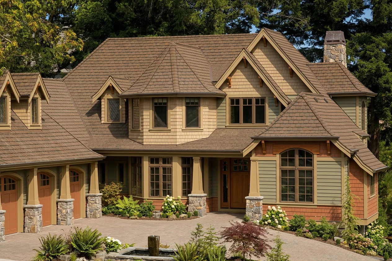 Craftsman home with Brown roof -- CertainTeed Grand Manor Brownstone (right-34)