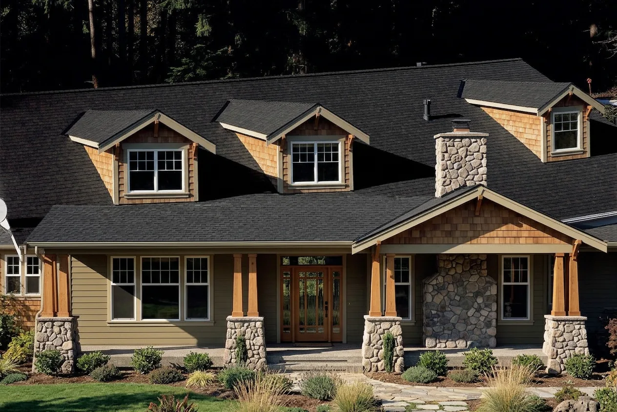 Craftsman home with Brown roof -- CertainTeed Landmark Black Walnut (front)