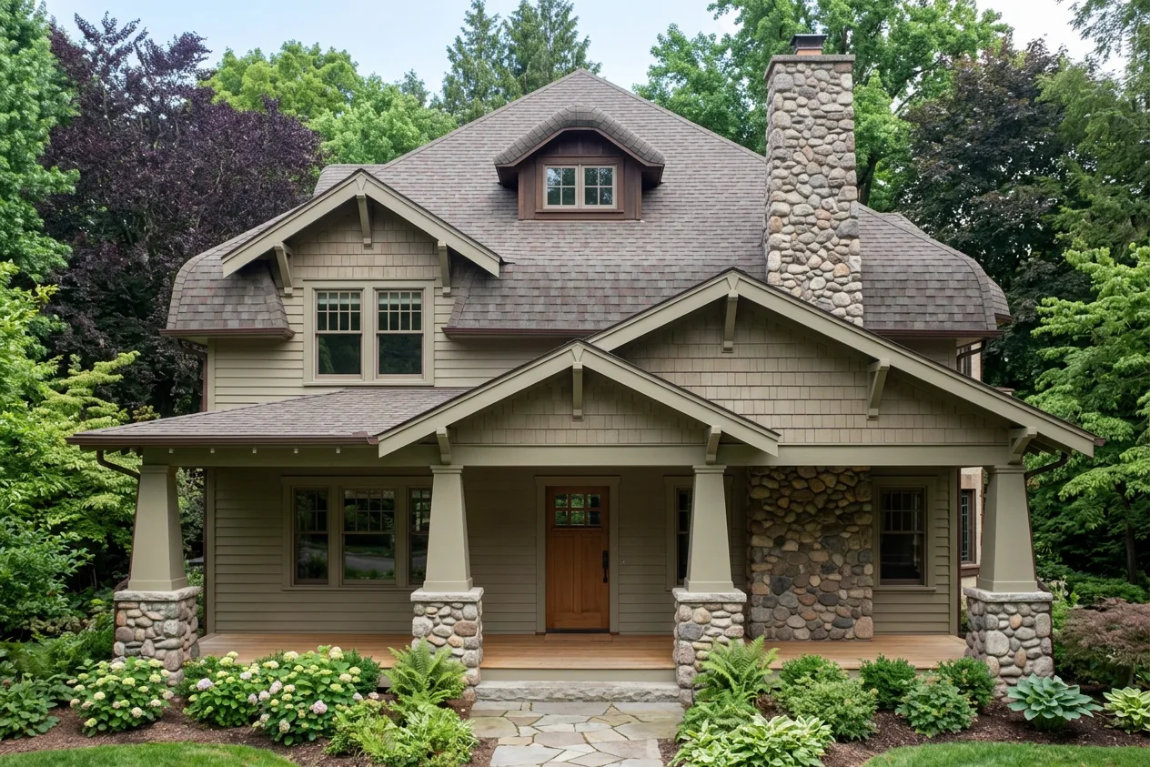 Craftsman home with Weathered Wood roof -- Malarkey Legacy Natural Wood (front)