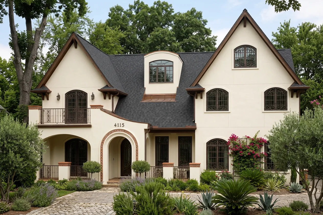 Mediterranean home with Black roof -- CertainTeed Landmark Charcoal Black (front)