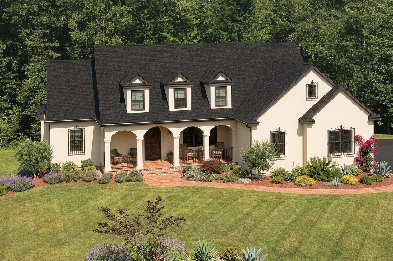 Mediterranean home with Black roof -- IKO Cambridge Dual Black (front)
