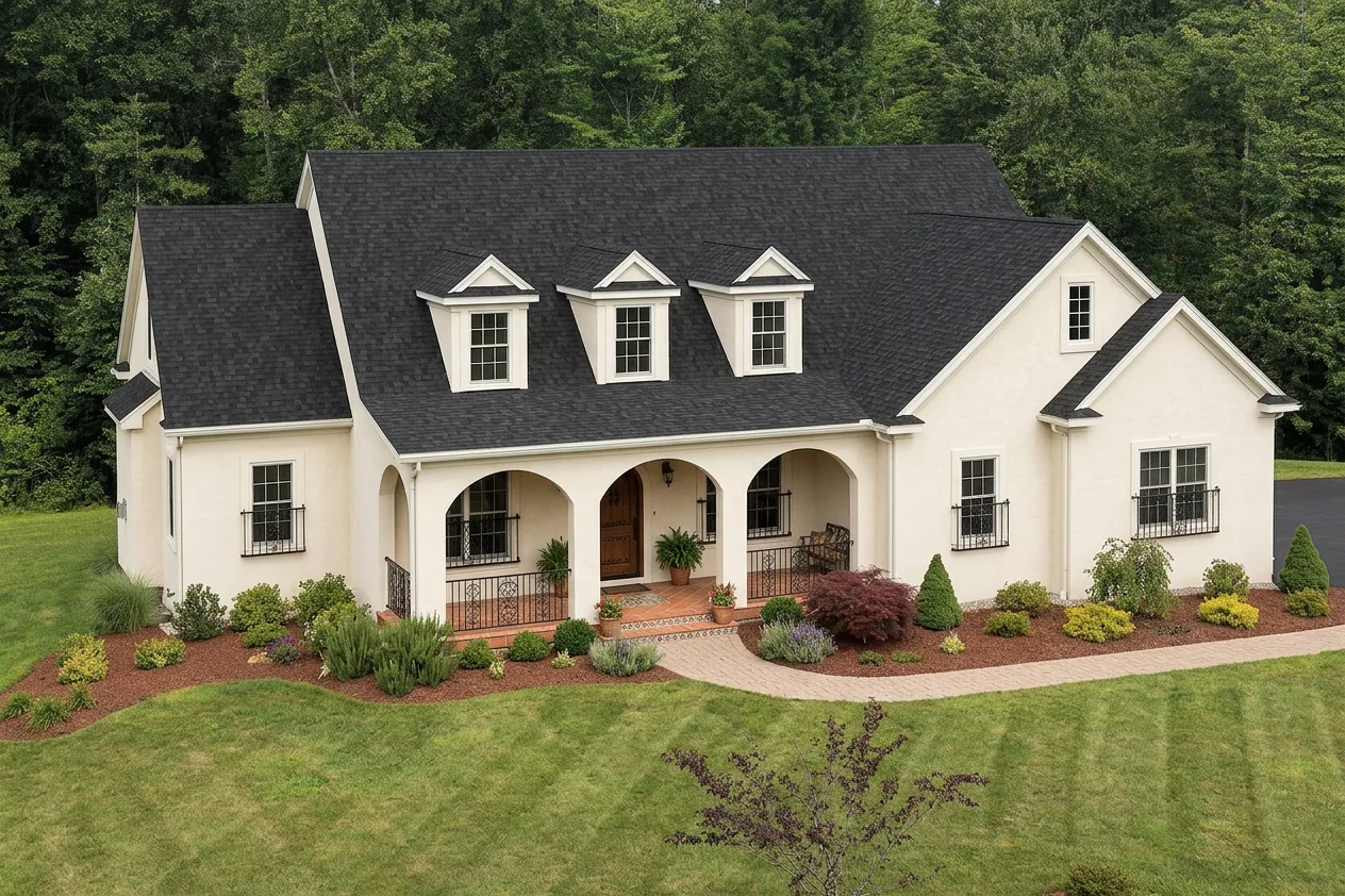 Mediterranean home with Black roof -- IKO Cambridge Dual Black (left-34)