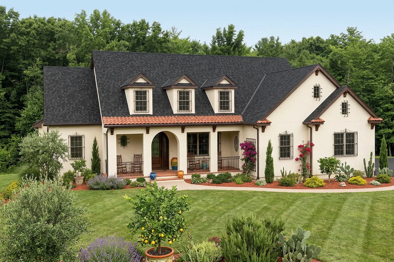 Mediterranean home with Black roof -- IKO Cambridge Dual Black (right-34)