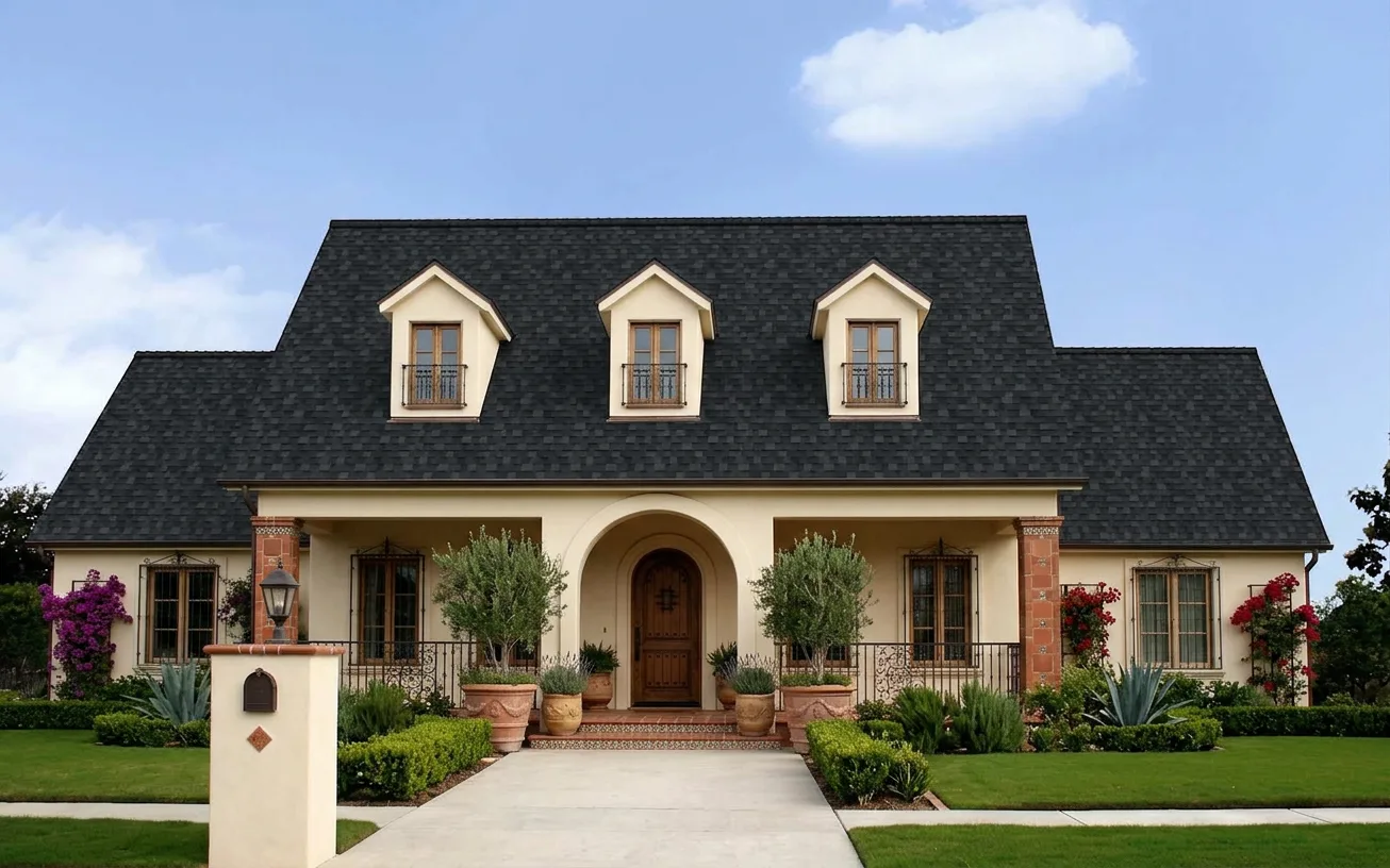 Mediterranean home with Black roof -- Owens Corning Duration Onyx Black (front)