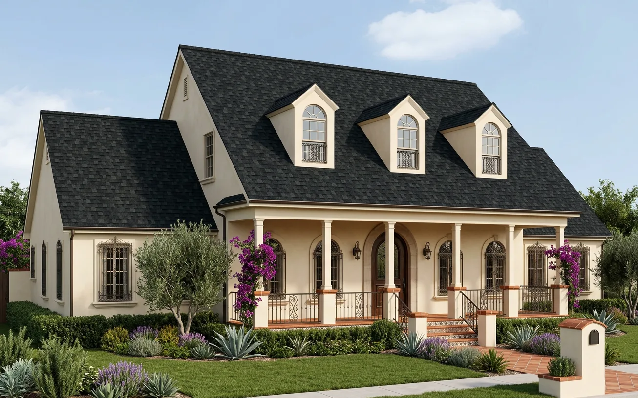 Mediterranean home with Black roof -- Owens Corning Duration Onyx Black (left-34)