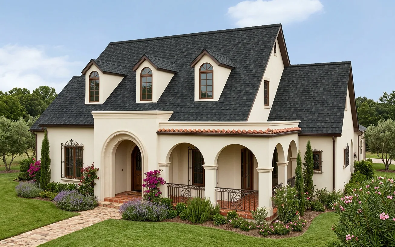 Mediterranean home with Black roof -- Owens Corning Duration Onyx Black (right-34)